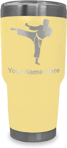 Vista 7 de LaserGram Vaso aislado al vacío de 20 onzas, Karate Man, grabado personalizado incluido (negro) Engraved Gift, Vacuum Insulated Stainless Steel