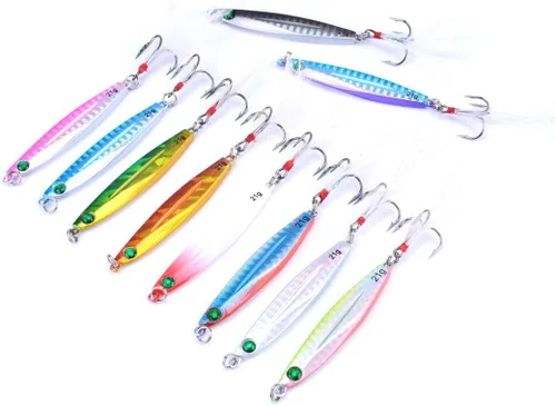 Vista 5 de Aorace 10 piezas de metal duro jigs buceo pesca mar señuelos minnow Popper cebos aparejos Crankbait agua salada señuelos de agua dulce con pluma