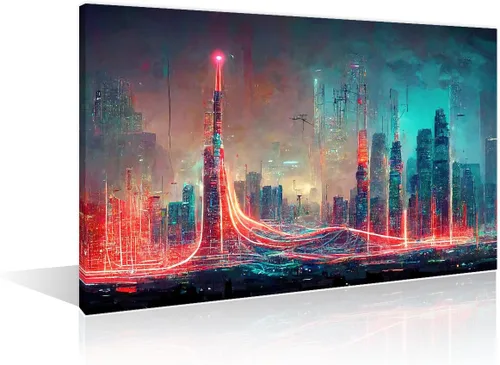 Vista 40 de 1 panel de cuadros de la ciudad de Cyberpunk, arte de pared, representación de vallas publicitarias, edificios modernos en la capital con obras