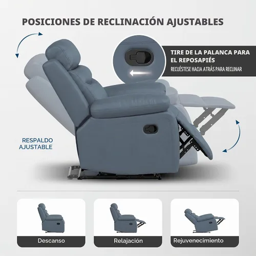 Vista 5 de Lexicon Leather Match - Sofá reclinable manual para pared, color azul