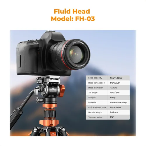 Vista 3 de K&F CONCEPT Trípode de video de cámara de 83 pulgadas para DSLR, trípode de aluminio compacto con cabezal fluido panorámico de 360° para viajes