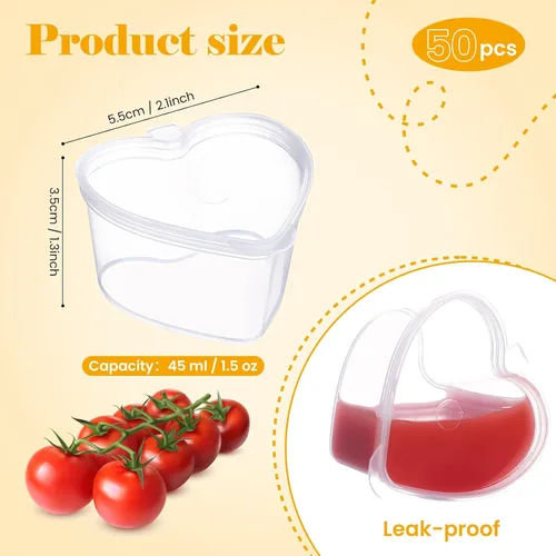 Vista 2 de 50 tazas de salsa desechables con tapas, vasos de plástico en forma de corazón de gelatina de 1.5 onzas, recipientes transparentes para aderezo
