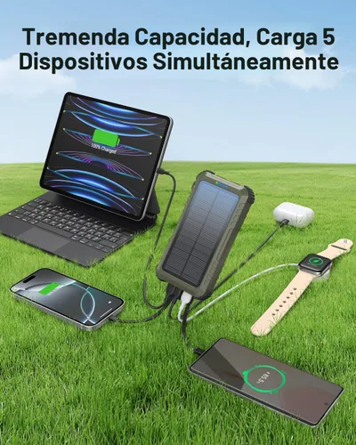 Vista 4 de Power-Bank-Solar-Cargador 45800mAh de Carga Rápida con 3 Cables Integrados, Linterna LED, Batería Externa Portátil Compatible con iPhone, Android