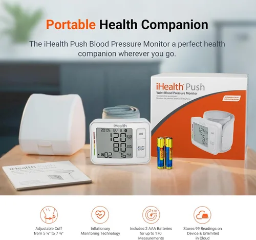 Vista 7 de iHealth Monitor de presión arterial de muñeca, máquina digital de presión arterial Bluetooth con pantalla grande y funda de transporte portátil