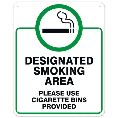 Vista 14 de Letrero designado para zona de fumar, letrero con texto en inglés "Please Use Cigarrette Bins Sign", 10 x 7 pulgadas, libre de óxido, aluminio 040