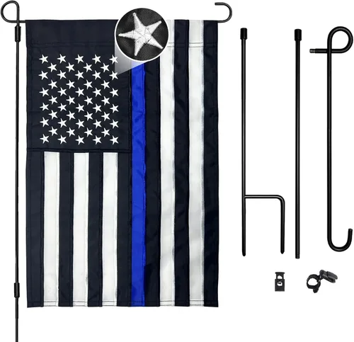 Vista 7 de AMZFLAG Bandera de jardín de línea azul fina de 12 x 18 pulgadas, banderas bordadas de jardín de policía para exteriores, bandera americana pequeña