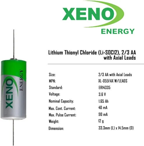 Vista 4 de XENO XL-055FAX 2/3 AA Tamaño 3.6V Batería de litio con cables axiales (1 pieza)