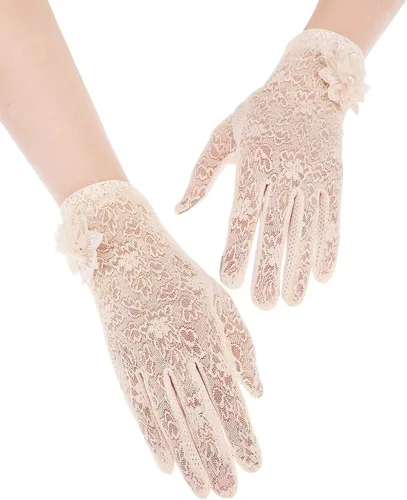 Vista 4 de SATINIOR Guantes florales de encaje para mujer, elegantes guantes de encaje cortos, guantes de verano para boda, Halloween, fiesta de cosplay