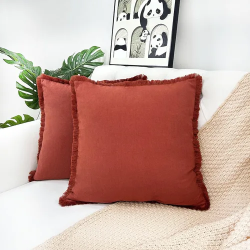 Vista 11 de Juego de 2 fundas de almohada decorativas marrones de 18 x 18 pulgadas, fundas de almohada modernas de granja con borlas de flecos, suaves