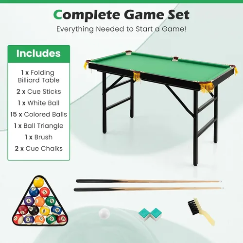 Vista 3 de GYMAX Mesa de billar, mesas de billar plegables de 48 pulgadas con bolas, 2 palillos de taco, tizas y cepillo, mini mesa de billar para niños