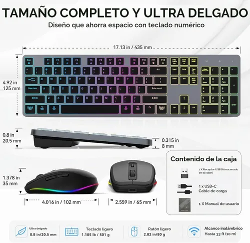 Vista 8 de Teclado inalámbrico silencioso y mouse retroiluminado, combo de teclado plano silencioso recargable, mouse Jiggle, mouse delgado inalámbrico de 2.4