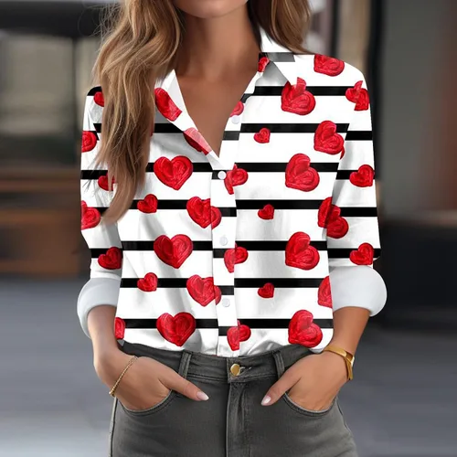 Vista 2 de Camisetas de San Valentín para mujer, camisas con botones, blusas de corazón, elegantes, informales, cuello de solapa, manga larga, suave, cómoda