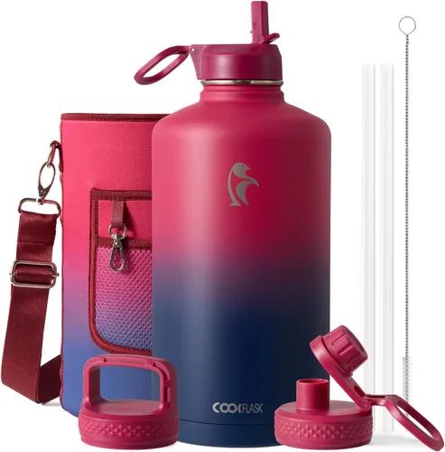 Vista 89 de Coolflask Botella de agua de 20 onzas aislada con pajilla, 3 tapas de metal de acero inoxidable, botella de agua de boca ancha para deportes u