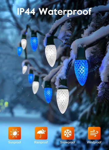 Vista 3 de Luces de Navidad para exteriores, cadena de luces LED de 100 pies con bombillas C9 de fresa azul y blanca, impermeable, conectable, certificado UL
