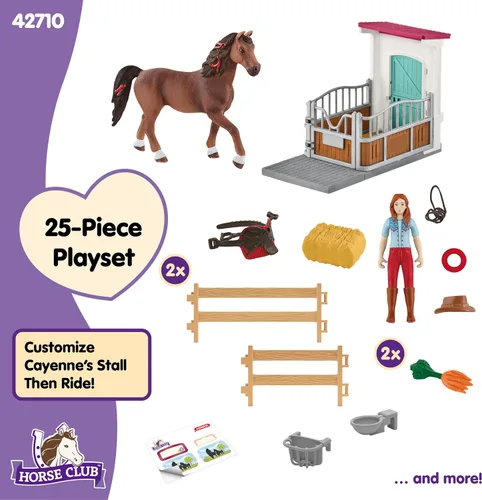 Vista 6 de Schleich Horse Club - Juego de juguetes de caballo de 25 piezas Hannah y Cayenne con caballeriza y accesorios - Etiqueta de nombre de establo