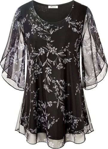 Vista 2 de SeSe Code Blusas de malla de manga 34, con volantes, para mujer, sueltas, holgadas y elásticas