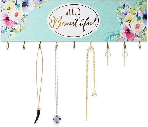 Vista 2 de SANY DAYO HOME Organizador de joyas montado en la pared, moderno soporte de madera con 9 ganchos de metal para collares, anillos, aretes, pulseras