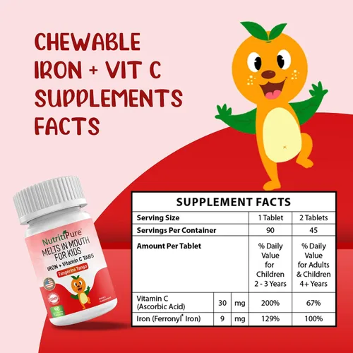 Vista 5 de Suplementos de hierro masticables para niños (hierro feronyl/carbonil 9 mg con vitamina C 30 mg) Tableta en sabor mandarina tango naranja suplemento