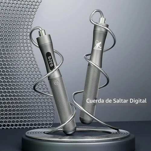 Vista 2 de Cuerda de saltar inteligente con contador, pantalla LCD, asas de aluminio, cable de acero revestido de PVC ajustable (118 pulgadas), carga tipo C