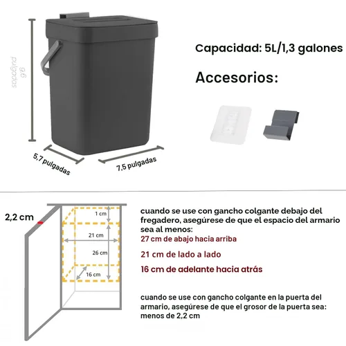 Vista 6 de LALASTAR - Basurero de encimera con tapa, cubeta de basura pequeña colgante con tapa debajo del fregadero para cocina, cesta de desperdicios