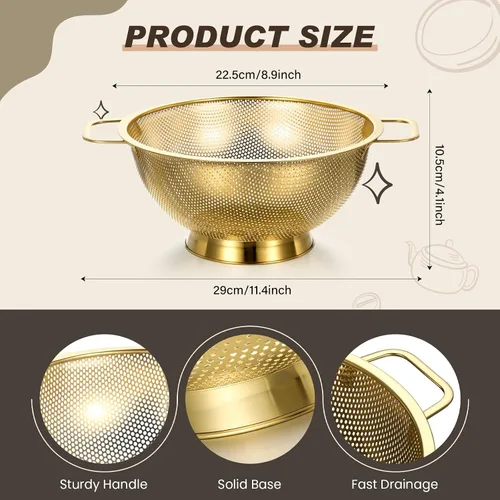 Vista 3 de Norme Colador dorado de acero inoxidable de 3 cuartos de malla fina, colador de metal para pasta, arroz y alimentos con asas, fácil de limpiar