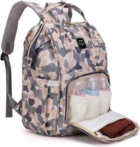 Vista 4 de Mochila para pañales para mamá y papá, bolsa cambiadora de maternidad con correas para cochecito (camuflaje)