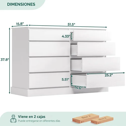 Vista 2 de Hasuit Cómoda Blanca para Dormitorio, Cómoda Larga con 8 Cajones, Cómodas de Madera de 51.5''W Cofre de 8 Cajones, Armario de Almacenamiento de Ropa
