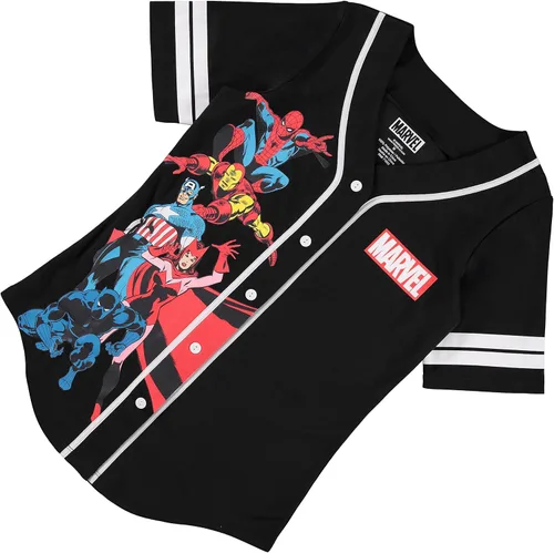 Vista 6 de Marvel Camiseta de béisbol para mujer, diseño de Spiderman, Ironman, Capitán América y Hulk, malla con botones