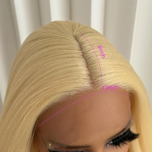 Vista 7 de Aubree Peluca de encaje frontal rubio 613, cabello largo y lacio, resistente al calor, fibra rubia, pelucas sintéticas sin pegamento, predepiladas
