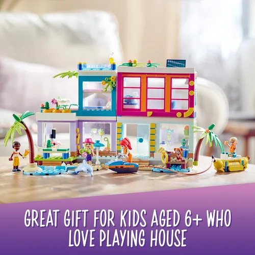 Vista 6 de LEGO Friends Vacation Beach House 41709 Kit de construcción; regalo para niños mayores de 7 años; incluye una mini muñeca Mia, más 3 personajes más