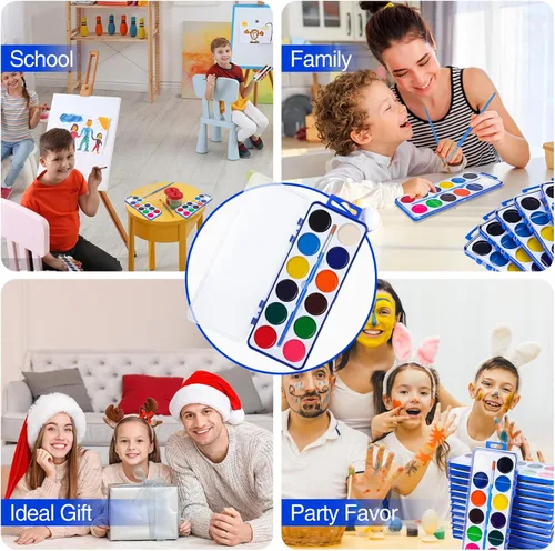 Vista 5 de Juego de 100 pinturas de acuarela para niños, 12 colores de acuarelas con pincel, juego de pintura de acuarela para niños para recuerdos de fiesta