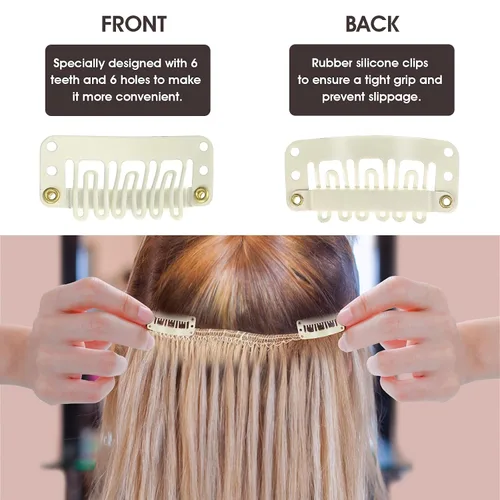 Vista 3 de Yolev 50 pinzas de extensión de cabello, pinzas de metal para peluca de 6 dientes, clips en forma de U para extensiones de peluca pequeña Beige