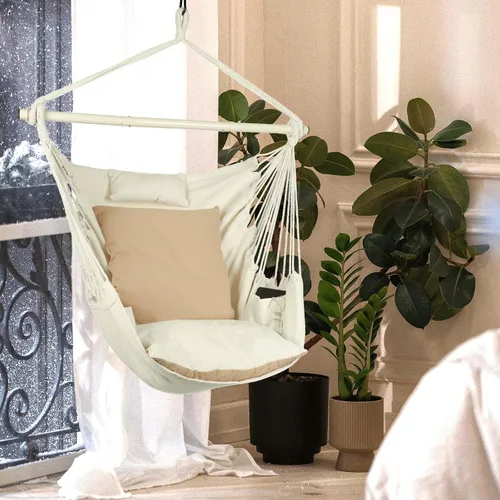 Vista 2 de Silla hamaca colgante con cuerda – Máximo 500 libras – 2 cojines y 1 almohada para el cuello incluida – Barra separadora de acero resistente