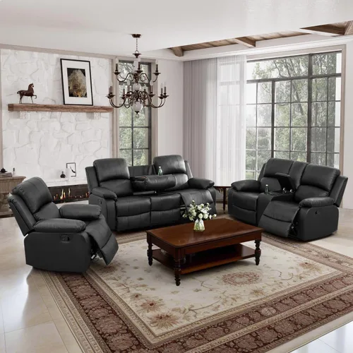 Vista 41 de Juego de muebles de sala de estar, juego de sofá reclinable de cuero, sofá reclinable y sofá biplaza, juego de sofá de cuero beige, juego de muebles