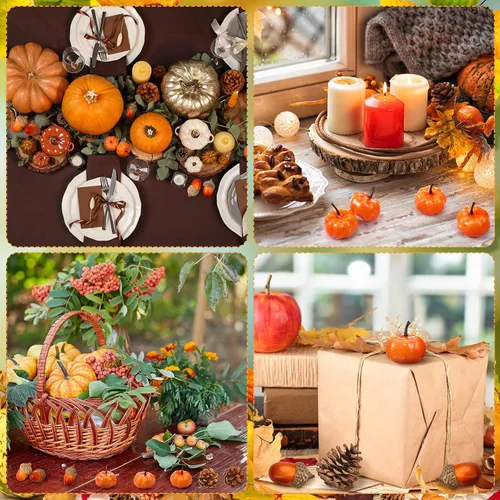 Vista 6 de Yookeer 120 mini calabazas artificiales de bellotas de otoño, conos de pino para decorar cuencos de otoño, centro de mesa de Acción de Gracias