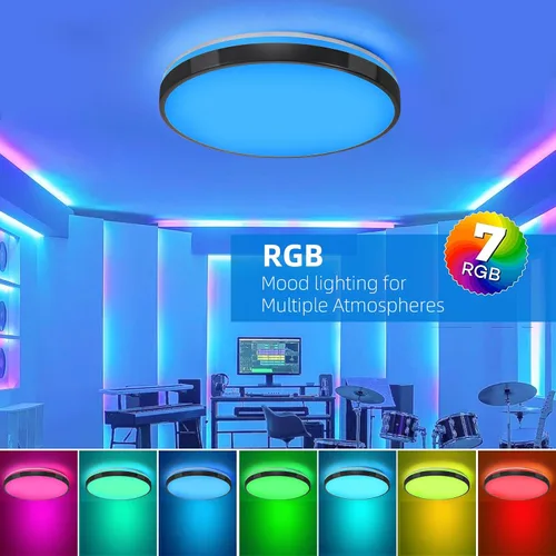 Vista 5 de Lámpara de techo LED de 24 W en negro, lámpara de montaje empotrado con altavoz Bluetooth y control remoto, luz RGB de cambio