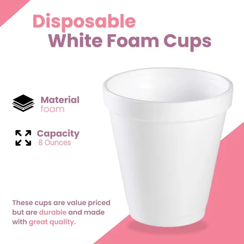 Vista 3 de Pantryware Essentials Vasos desechables de espuma blanca de 8 onzas, paquete de 50 unidades. Vasos desechables de espuma para bebidas