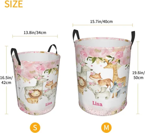Vista 4 de Cesta de lavandería personalizada con diseño de jirafa, león y flores rosadas, con asas, impermeable, para decoración de dormitorio y baño.