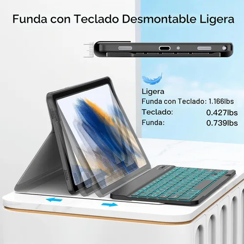 Vista 7 de JUQITECH - Funda con teclado inalámbrico retroiluminado para Samsung Galaxy Tab A8 de 10,5 pulgadas