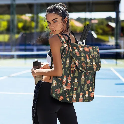 Vista 7 de Mochila de tenis de bádminton ligera Feliz Navidad Negro Cascanueces soldados Deporte Pickleball Bolsa de bádminton para Hombres Mujeres Tenis