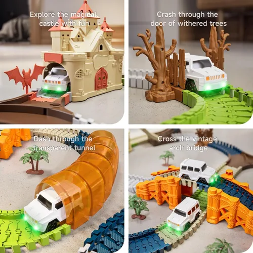 Vista 4 de TUMAMA - Pista de carreras de 202 piezas de juguetes de castillo mágico para niños y niñas de 3, 4, 5, 6, 7 años, pista de tren flexible giratoria