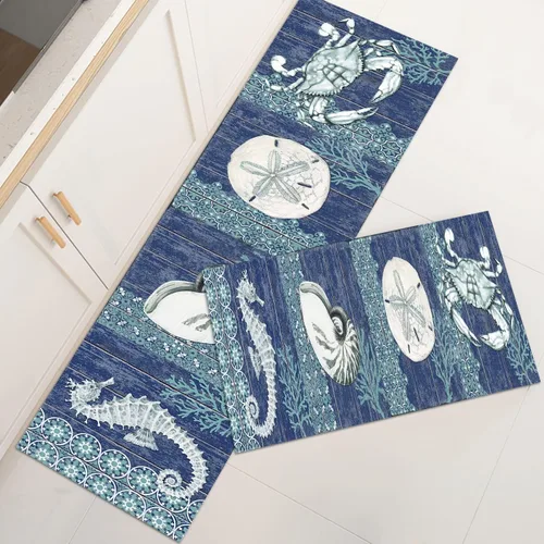 Vista 2 de GUBIYU Juego de 2 tapetes de cocina para el piso, diseño de cangrejo azul, submarino, duradero, náutico, océano, animales, lavable, juego