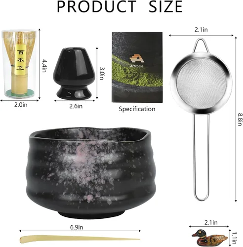 Vista 8 de Artcome Kit de ceremonia de matcha para ceremonia de té japonesa, cuenco tradicional de matcha, batidor, cuchara de té, colador de polvo matcha Negro