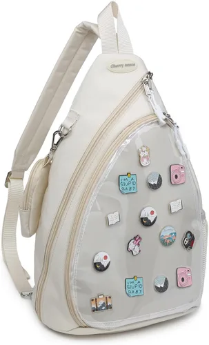 Vista 3 de Bolsa Oxford Ita Kawaii con Pin de Exhibición, Mochila Deportiva de Hombro Único, Mochila de Senderismo, Mochila de Día, Beige