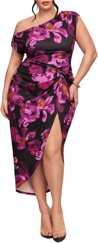 Vista 15 de Floerns Vestido de cóctel con cuello asimétrico y dobladillo fruncido para Azul oscuro