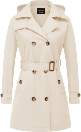 Vista 32 de CREATMO US Gabardina para mujer con doble botonadura clásica con solapa, con cinturón y capucha desmontable Albaricoque