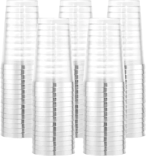 Vista 22 de I00000 Paquete de 100 unidades de vasos de plástico dorado de 12 onzas, vasos desechables con borde dorado, vasos de vino desechables y copas