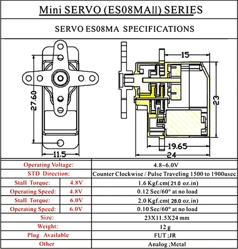 Vista 6 de EMAX ES08MA II 0.42 oz Mini Metal Gear Servo analógico para modelo RC (paquete de 4)