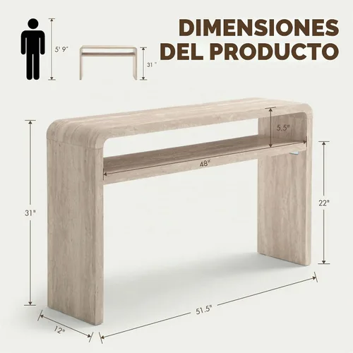 Vista 2 de Hyfirm Mesa consola de madera estilo travertino con estante de Beige