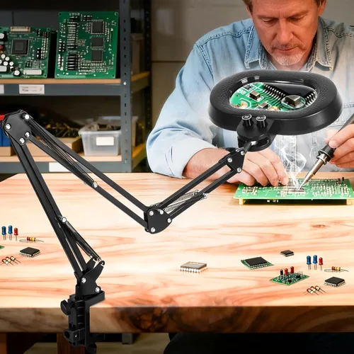 Vista 8 de KIRKAS Lupa de 12X con luz, rotación de tres ejes, lupa de brazo extra largo para banco de trabajo, reparación de manualidades, costura, lupa